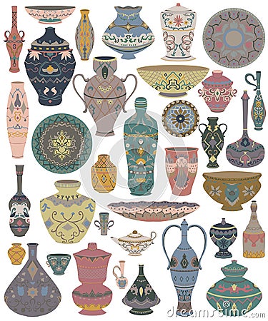 Traditional Arabic utensils collection. Oriental dishes, pots, lantern, bowl, plates, pottery, ceramic with national floral orname Vector Illustration